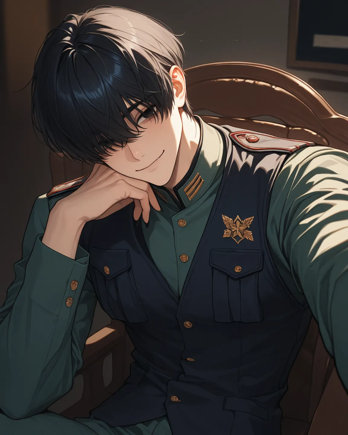 anime boy, 1boy, solo, lonely, hair over eyes, smile, sharp and thin eyebrows, neutral face, cool guy, cool sharp eyes, tall, captivating fans, seduce, taking a selfie, blue black hair, black eyes, black nails, long nails, sitting on the chair, military un...