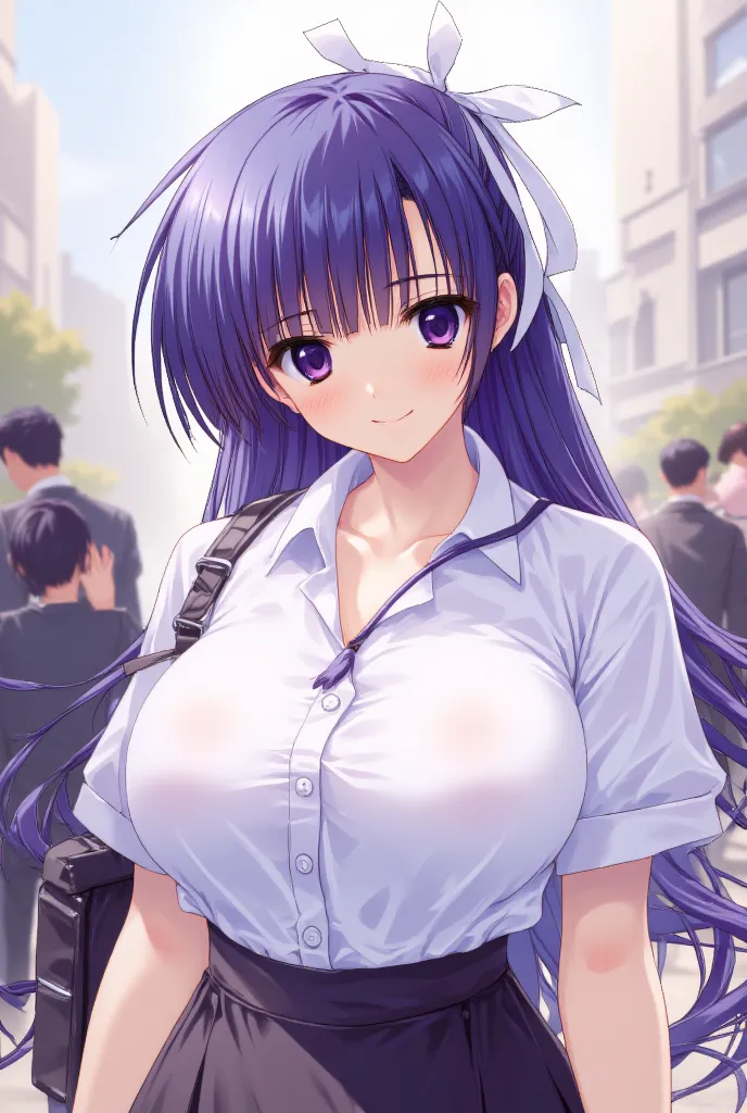 masterpiece, top quality,purple hair,white hair ribbon,long hair,look straight here,smile,big breasts,One person,cute girls, walks through the city,white shirt, blue denim