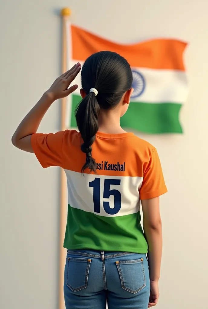 A 20 years old girl salutes the national flag of bharat and he is wearing a shirt print is like bharat flag and "Mansi Kaushal" and 15 number and independence day in small is written on it's back in big and bold fonts, 3d illustration