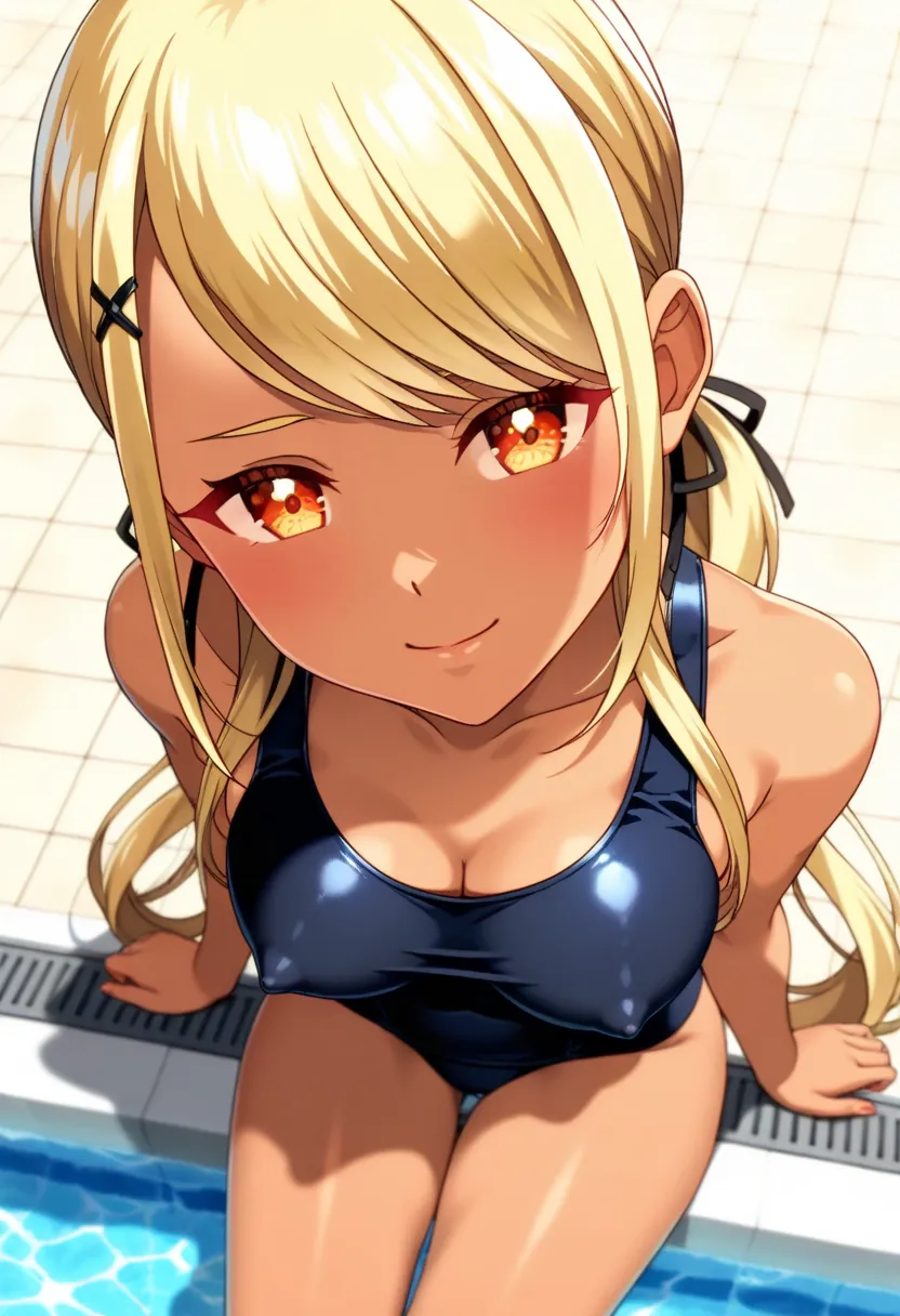 (anime screencap, masterpiece, best quality), 1girl, large breasts, lite smile, looking at viewer, close up face, full body, sitting on the poolside, daytime, BREAK dark skinned female, orange eyes, blonde hair, long hair, low twintail, school swimsuit, ((...