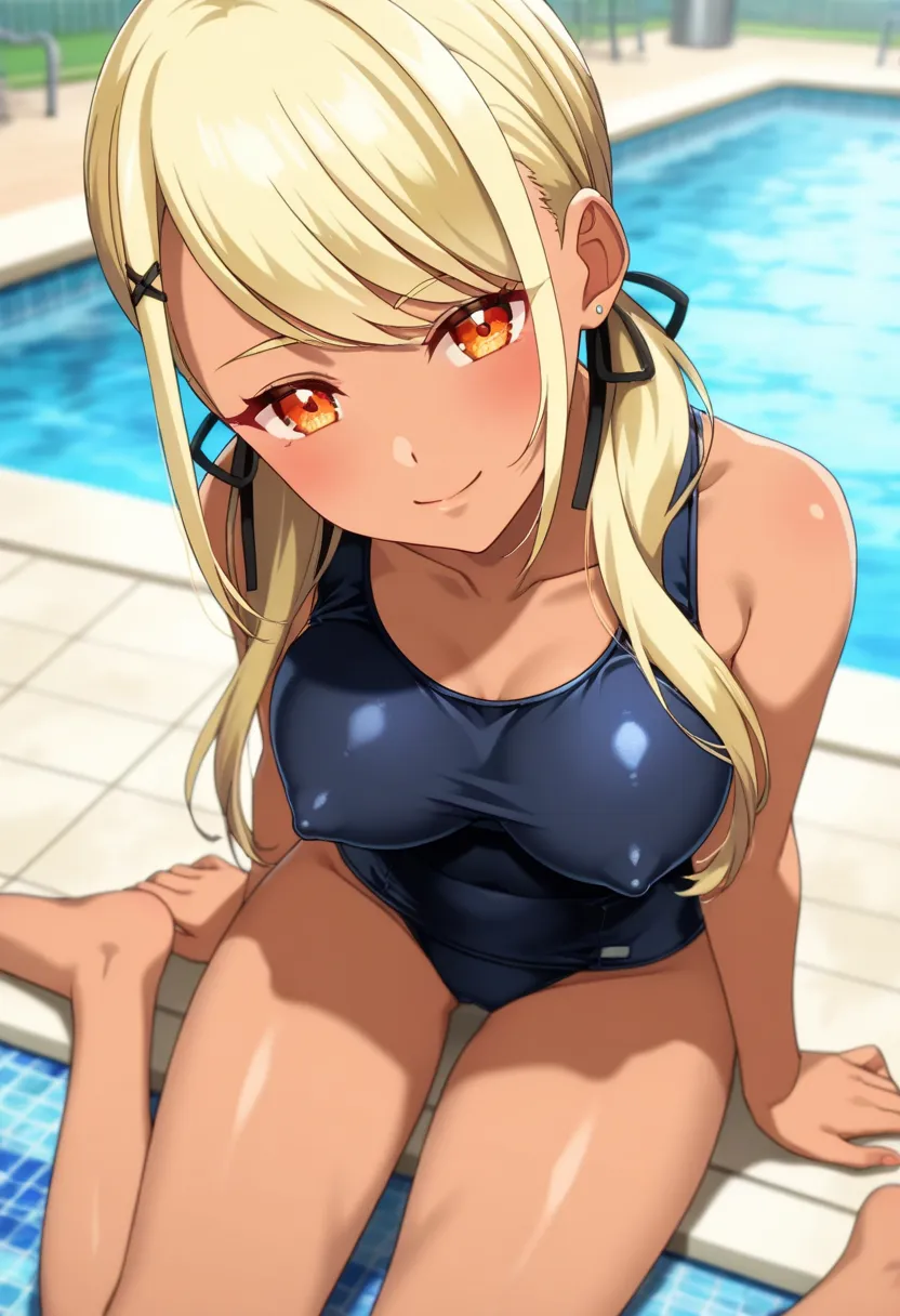 (anime screencap, masterpiece, best quality), 1girl, large breasts, lite smile, looking at viewer, close up face, full body, sitting on the poolside, daytime, BREAK dark skinned female, orange eyes, blonde hair, long hair, low twintail, school swimsuit, ((...