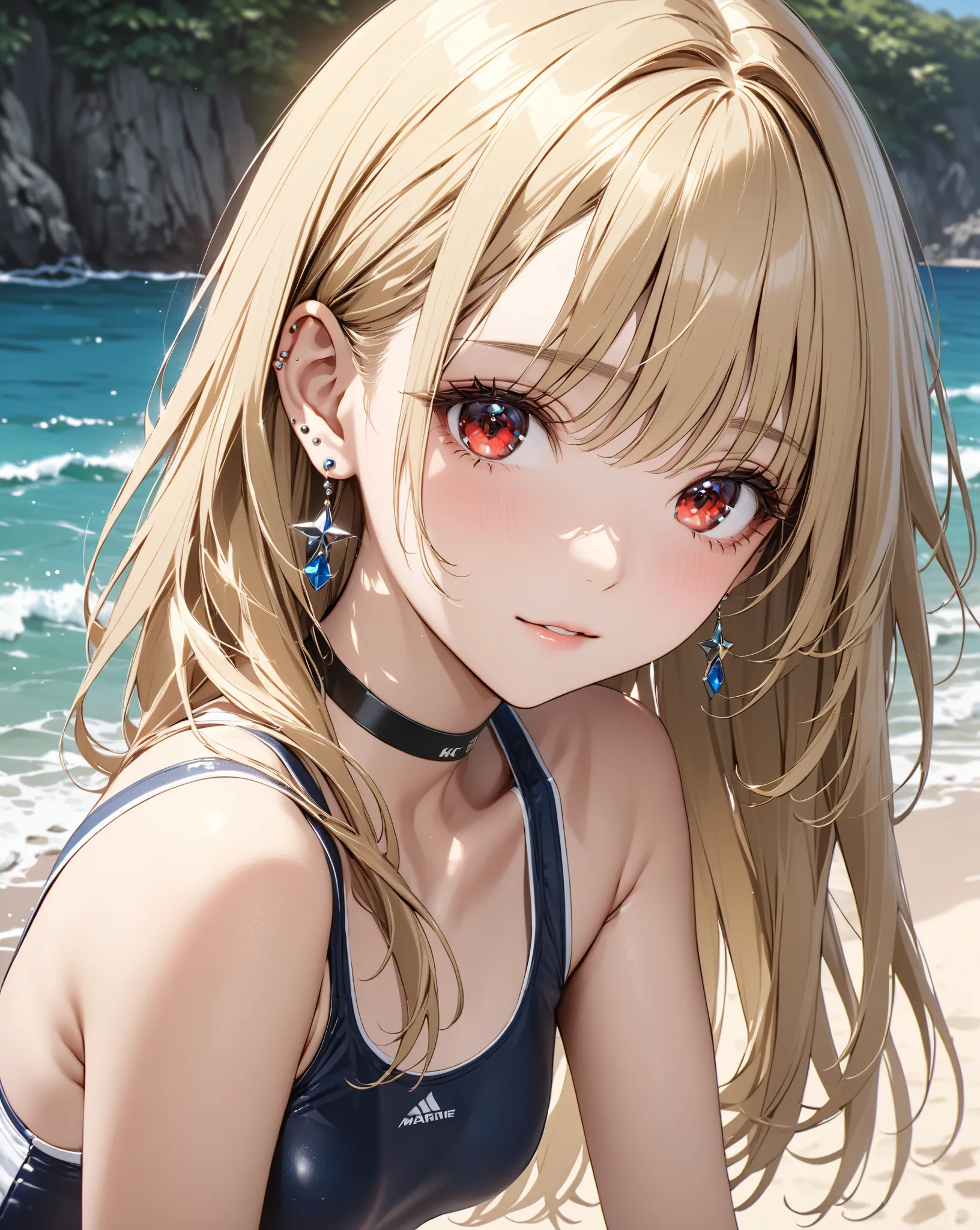 school swimsuit, Small breasts, kitagawa marine, beach,  1girl , blonde hair, long hair, multicolored hair, red eyes, jewelry, earrings, piercing, black choker, masterpiece:1.5, highest quality, UHD, retina, masterpiece, accurate anatomy, super detailed, h...