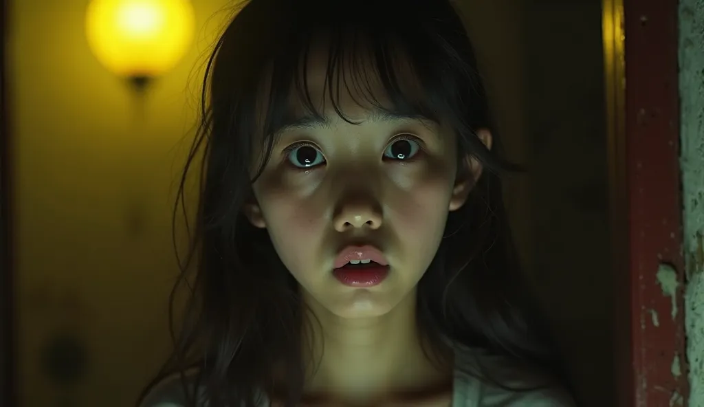 Real life photos sharp, close-up of beautiful young Vietnamese girl's face, extreme fear expression, eyes wide open in horror looking at the darkness behind, behind is a blurry image of an ancient hair salon, yellow light creeping sneezing ghostly darkness...