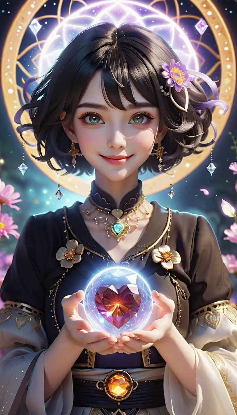 masterpiece, top quality, high detail,  beautiful and delicate eyes and face , Brilliant Color:1.3), Female fortune teller, smiling small,The hair is short bob and the color is black,anime screen capture, The background is a sparkling space of light where ...