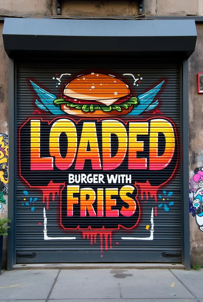 Create a graffiti style image to be painted on a 5 feet wide and 10 feet tall shutter. It should show the word LOADED and burger with fries in graffiti style