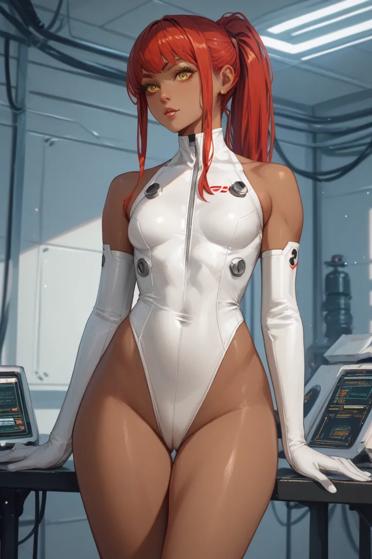 1 girl, long red ponytail hair, yellow eyes, dark skin, voluptuous, small breasts, white highcut leotard bodysuit, tech room