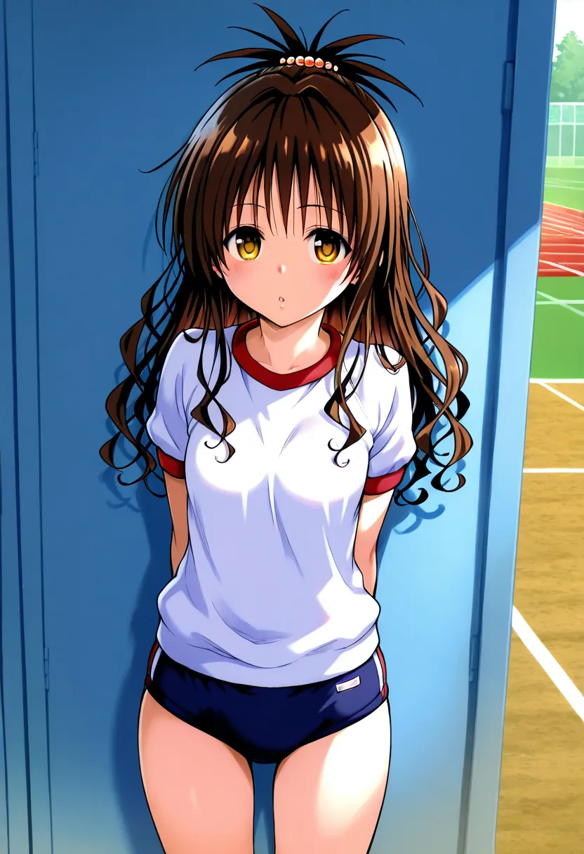 One girl, Yuuki Mikan, hair ornament, long hair, top knot, wavy hair,((school gym buruma)),school ground,,masterpiece, best quality, absurdres