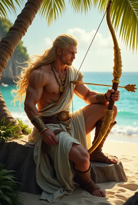 A muscular fantasy archer with long flowing blond hair, wearing a white warrior cloth with golden details, sitting on a wooden structure near the sea, holding a glowing golden bow with a magical arrow, tropical island background with palm trees, dramatic s...