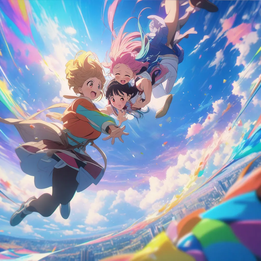 the power of friendship, anime style, heartfelt bonding of friends, excited expression, jumping in the sky together, colorful background, cinematic composition, vibrant colors, 4k, High Details, High Quality, Best Quality, 