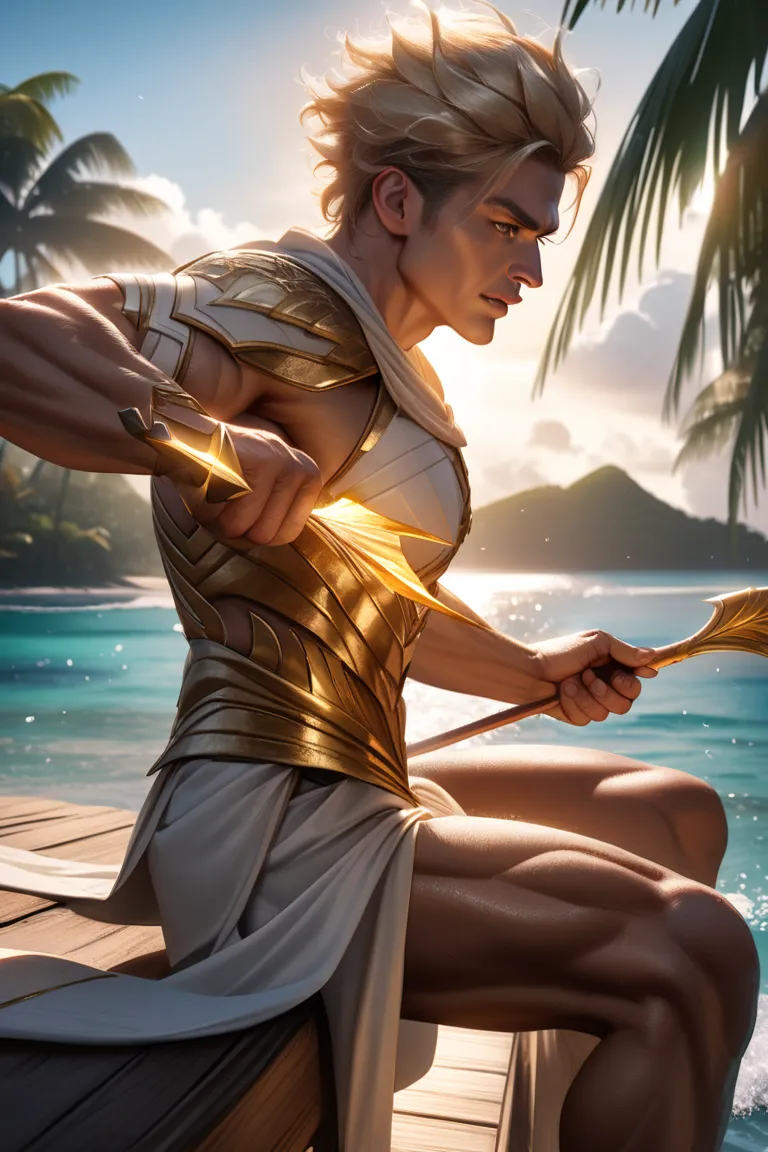 A muscular fantasy archer with short blond hair, wearing a white warrior cloth with golden details, sitting on a wooden structure near the sea, holding a glowing golden bow with a magical arrow, tropical island background with palm trees, dramatic sunlight...