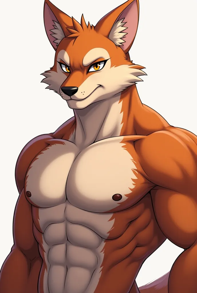 Create an anime-style furry, That he is muscular and very sexy smiling nicely at the camera while showing off his big breasts and that he looks masculine