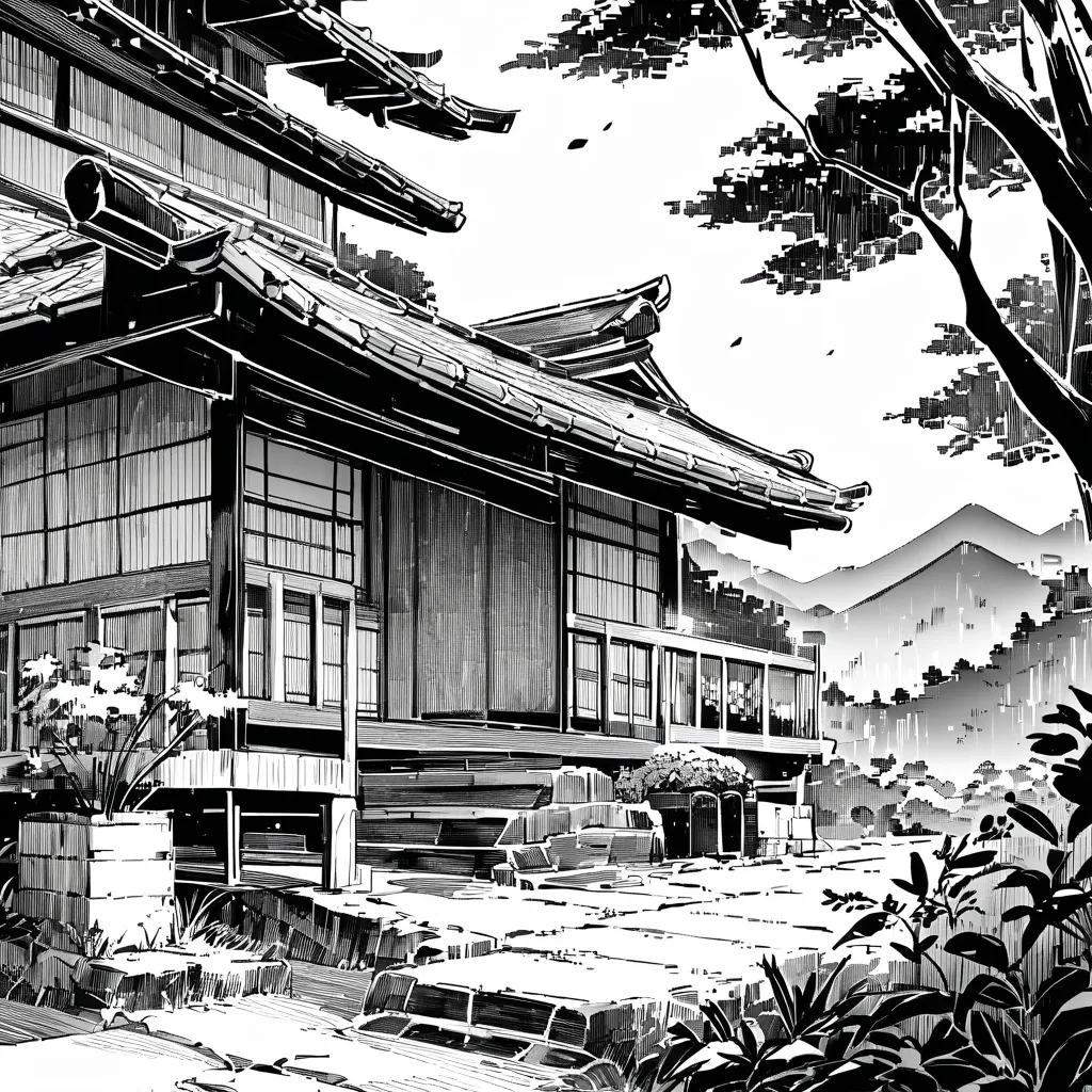 Black and White　monochrome　Pen drawing　 in the woods　A shabby Japanese house　Overlooking　scenery