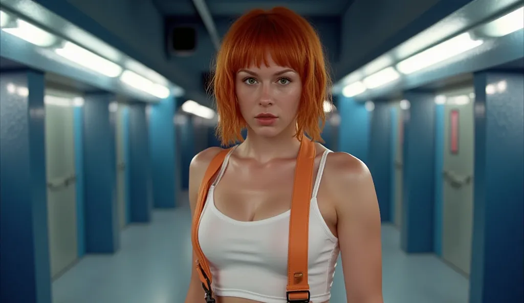 Leeloo, a stunning young woman with short, choppy orange hair framing her striking green eyes, stands in a sleek, ultra-modern hotel corridor. Her expression is fierce and determined as she grips a sleek, futuristic sci-fi pistol in one hand. She wears a t...