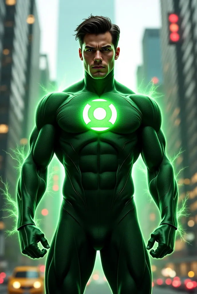 Make me a superhero man with black hair who wears a green suit and in the middle a logo of an energy 