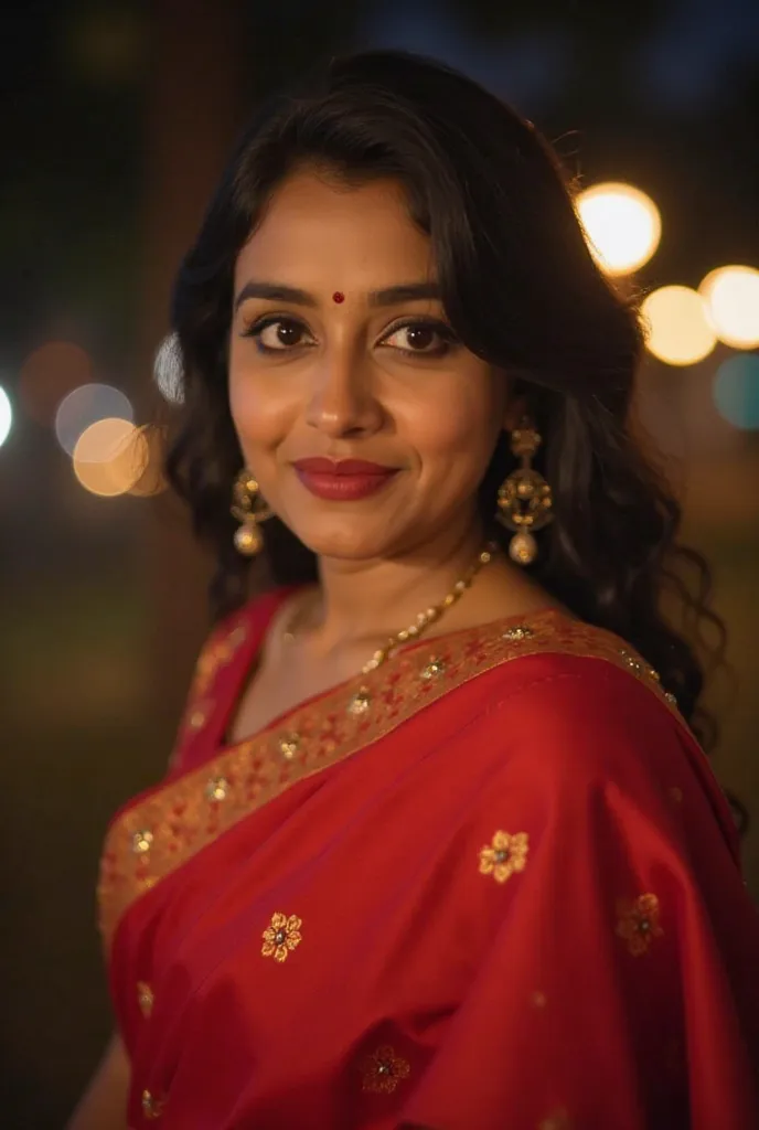 a close up of a woman in a red sari posing for a picture, a picture inspired by Saurabh Jethani, trending on instagram, tachisme, candid picture, dressed in a sari, with lovely look, candid photo, at night time, with professional makeup, profile picture, c...