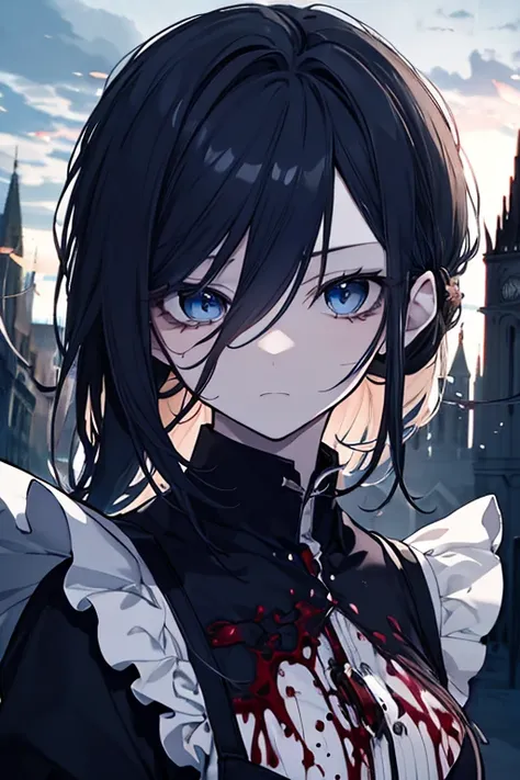 Maid in Battle、 Return Blood、chainsaw、realistic、4K、HDR、 backlit、portrait、 Gold、Blue Eyes、 serious expression、 Blood Splash、 Gothic Architecture、cloudy sky、with a dim atmosphere、 Destructive Power 、Direct Expression of Violence