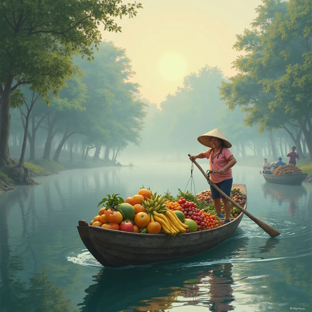 A poetic scene of the Bac Lieu river at dawn, a wooden sampan boat filled with fresh tropical fruits, guided by a smiling local vendor, the mist hovering over the tranquil waters