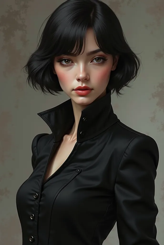 tall girl with black hair with a bob hairstyle in black clothes 
European appearance with a collar
