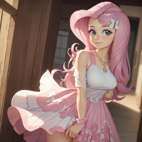 (masterpiece, best quality:1.2), cowboy shot, solo, 1girl, mlpfluttershy, slight smile, looking at viewer, arms behind back, hair flower, dress, grabbing her breast