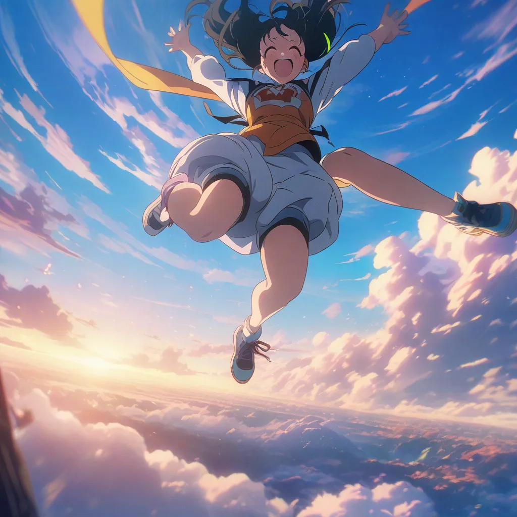 the power of friendship, anime style, heartfelt bonding of friends, excited expression, jumping in the sky together, beautiful sky background, cinematic composition, vibrant colors, 4k, High Details, High Quality, Best Quality, 