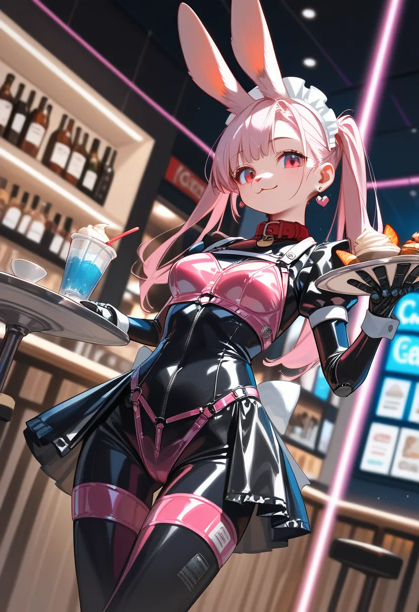 Pay back, Pay back,     High Quality Illustrations  , masterpiece,  Ultra High Definition,    Detailed Background , Cafe,  absurd,  perfect anatomy,  good lighting , Shadow of the Movie(kemono , fur personification ), Rabbit, pink rubber maid outfit,  Late...