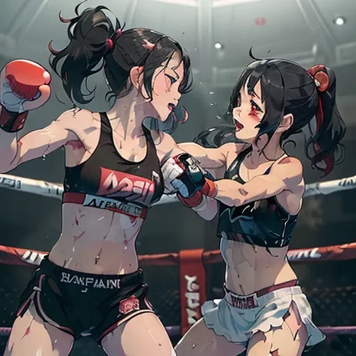 (((dynamic battle action))), (((((two bloody cute Japanese girl fighters are beating each other's body and face by fist and leg so hard in the octagon fighting ring of underground arena))))). (((((They are covered in blood and red bruises))))). (((((Intens...