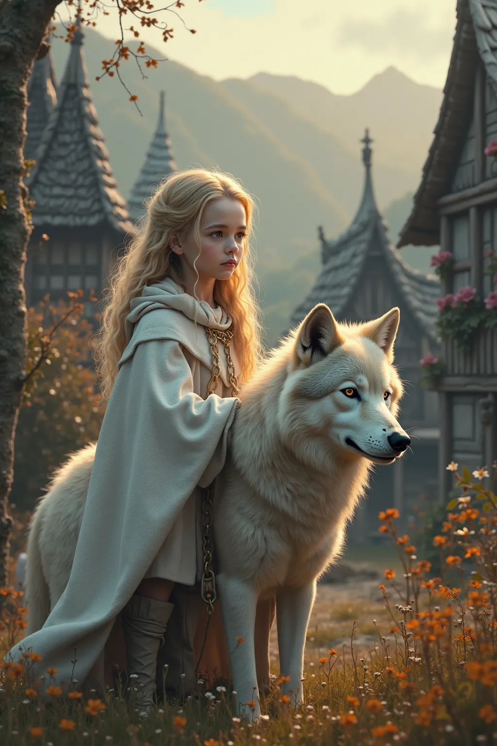 a village of people and ren. A little blonde girl about  in light clothes and wrapped in a cloak observes daily life in the village with her wolf. wolf eyes that shine , The white-silver cloak, (best quality , 8k , high resolution , masterpiece: 1. 2 ) , u...