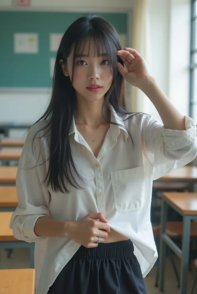 beautiful Japanese women、I'm changing from my uniform to gym clothes in my school classroom。she has long straight black hair、can add。Soft lighting gently illuminates her skin。has a realistic and relaxed vibe、She slowly pulls out her shirt with her other ha...