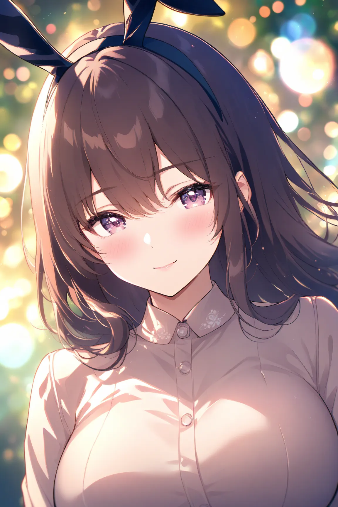 A girl in high definition、anime、bunny girl、Big Breasts、Inviting expression、In an outdoor forest、wrapped in twilight light、Smooth and delicate details、Soft Tones 、deep depth of field、Bokeh Background