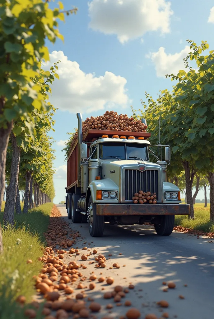 I NEED YOU TO GENERATE A TRUCK DRIVING ALONG A ROUTE THAT TRUCK CARRIED PLASTIC BONES USED TO MOVE GRAPES (THESE WERE EMPTY), THE DRIVER PASSED TOO CLOSE TO A TREE, HE HITS HIM AND THROWS AWAY PART OF THE LOAD OF GOODS, A MOTORCYCLE WITH TWO PEOPLE WAS COM...