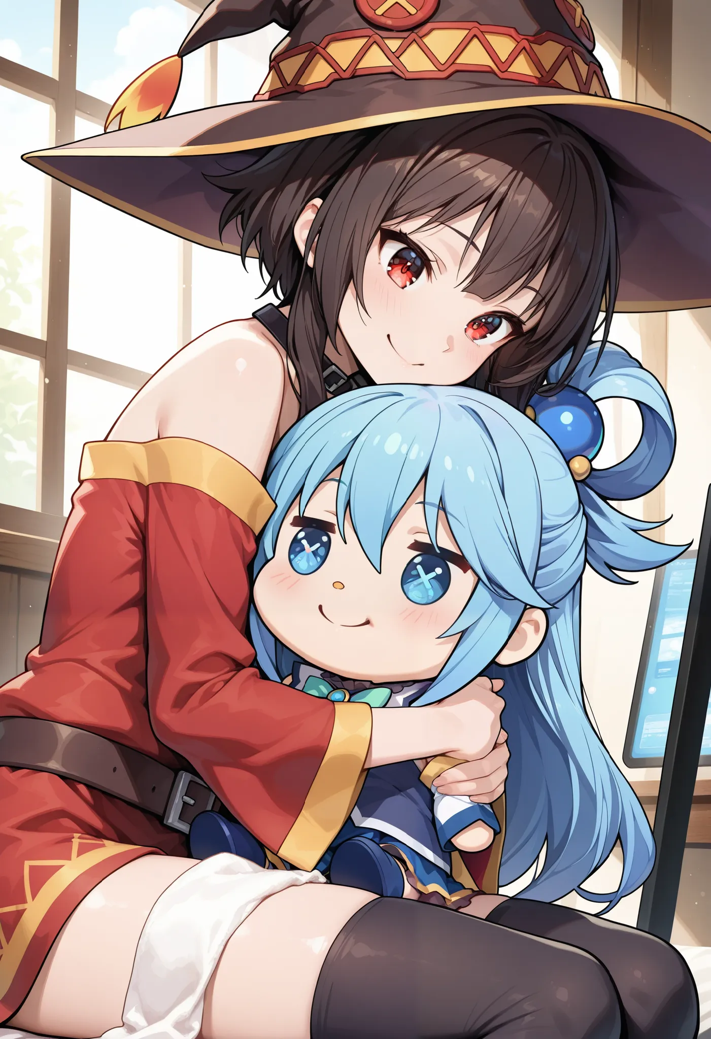 aqua \(KONOSUBA\), kono subarashii sekai ni shukufuku wo!, Plush Figure,  chibi, Soft cloth texture:1.2, fluffy surface, felt-like material, cute and cuddly aesthetic feeling, Soft, Damn, Soft, sit, small button eyes, Tabletop Display, BREAK megumin \(KONO...