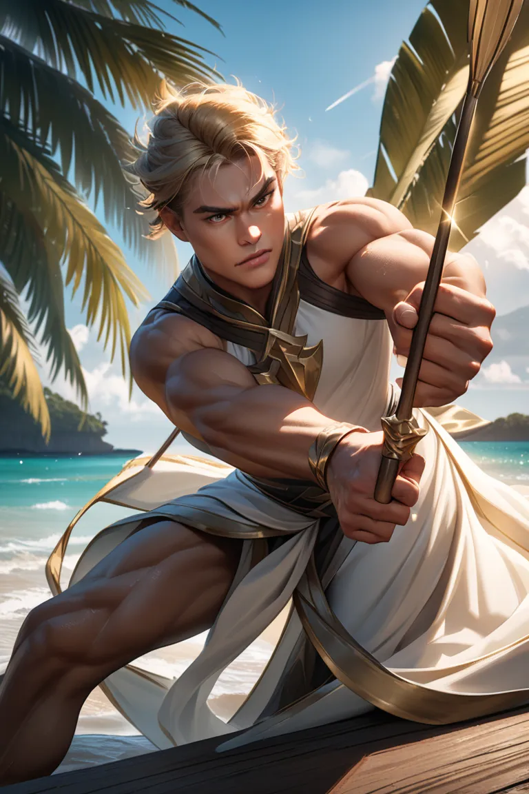 A muscular fantasy archer with short blond hair, wearing a white warrior cloth with golden details, sitting on a wooden structure near the sea, holding a glowing golden bow with a magical arrow, His left arm is fully extended forward, gripping the elegant ...