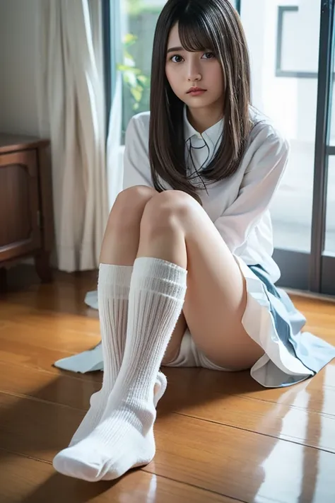 1girl,23 years old .solo, socks, sitting, looking at viewer, adjusting clothes, bob hair, shirt, no shoes, skirt, underwear,white panties, white pantyshot,loose socks_ . white panties shot. kneehighs, feet, pleated skirt,