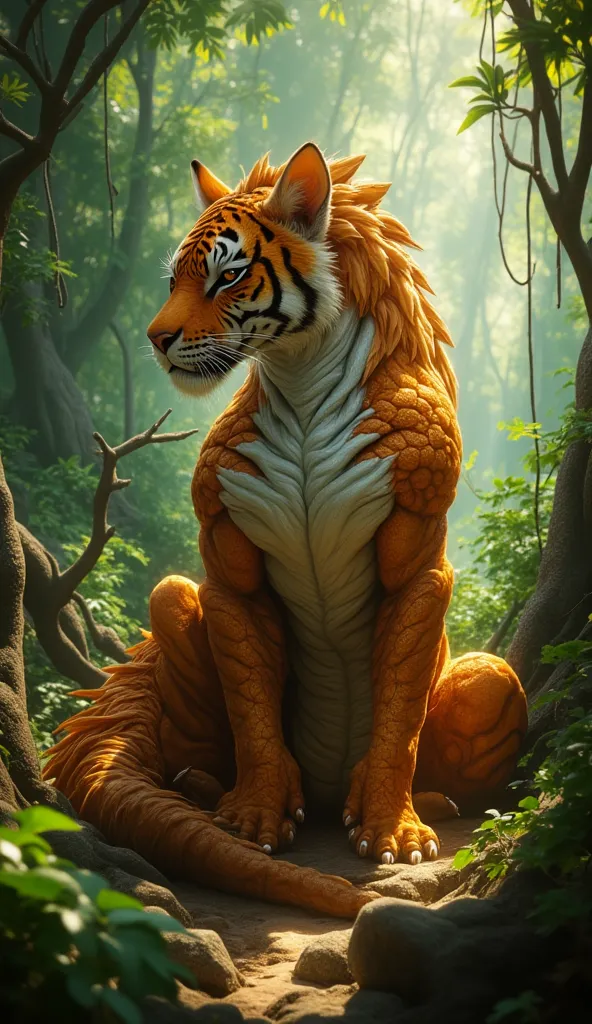 realistic, hyper detailed, digitally painted, 8K, ultra-detailed, cinematic lighting, highly accurate, photorealistic, sharp focus, physically-based rendering, professional grade, vivid colors, head of tiger, body of dragon, no wings, sitting in lush jungl...