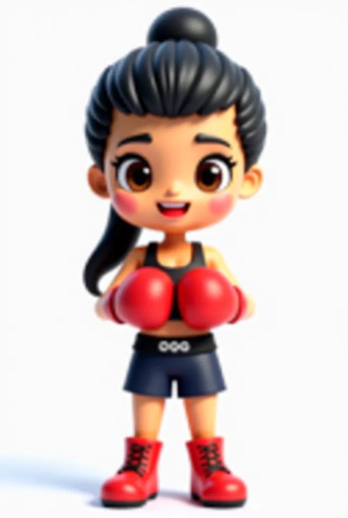 “A 3D figure of a female emoji character with a skin color with a happy expression. The emoji has big, shiny brown eyes and a mouth with red lipstick and long black hair tied together. She has two small hands , With Muay Thai gloves giving beauty, And gym ...