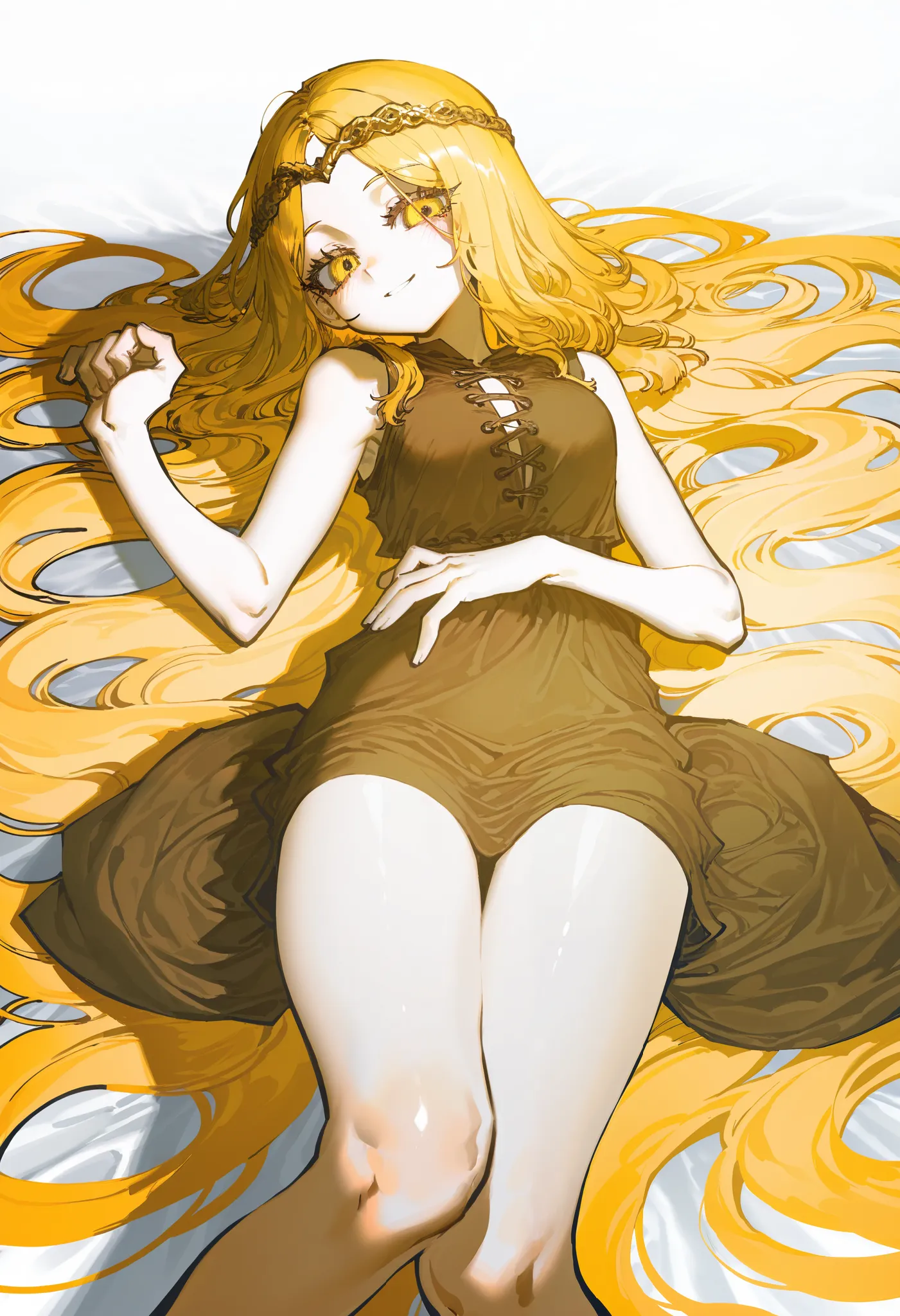 ssambatea, (tianliang duohe fangdongye:0.8), soresaki, quasarcake, rella,
1girl, miquella \(elden ring\), absurdly long hair, blonde hair, blush, dress, gold circlet, light blush, long hair, looking at viewer, lying, focus, on back, sleeveless, sleeveless ...