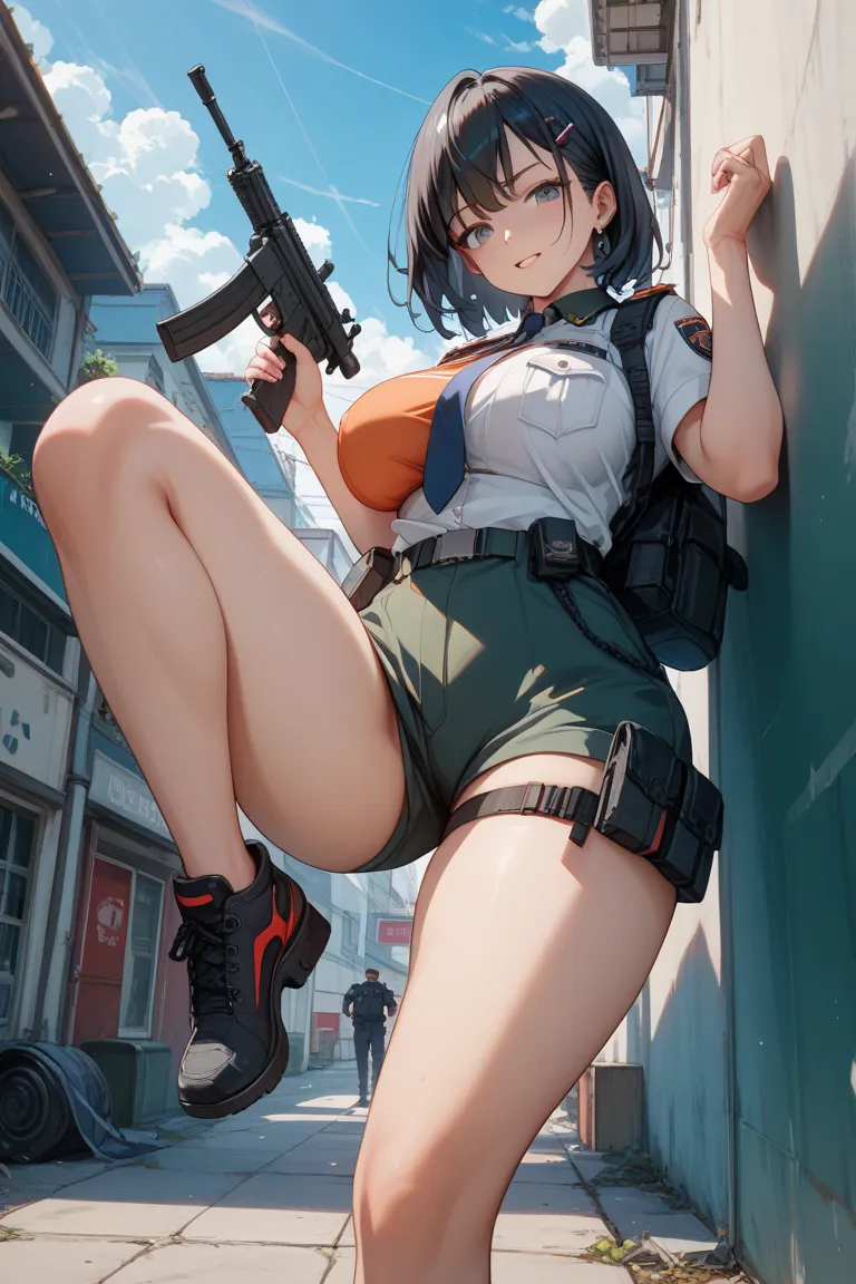 One woman、Combat Uniform、Big Breasts、long black hair、miniskirt、thighs、 two-hand restraint、One leg lift restraint、