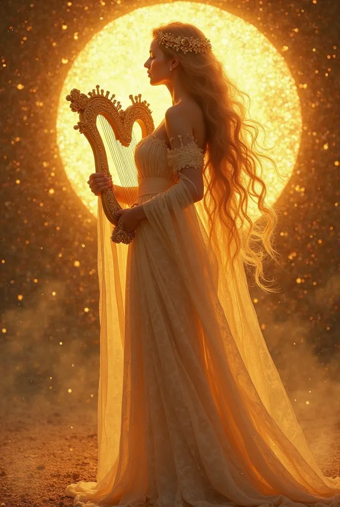 generate an image of the Goddess of Sunbeams and Lullabies. SHOULD LOOK LIKE A MYTH GODDESS. PRETTY, AND REALLY LOOK LIKE A GODDESS OF SUNBEAMS AND LULLABIES, HOLDING A GLOWING LYRE, with long wavy hair that glows softly as if strike by the sunlight. backg...