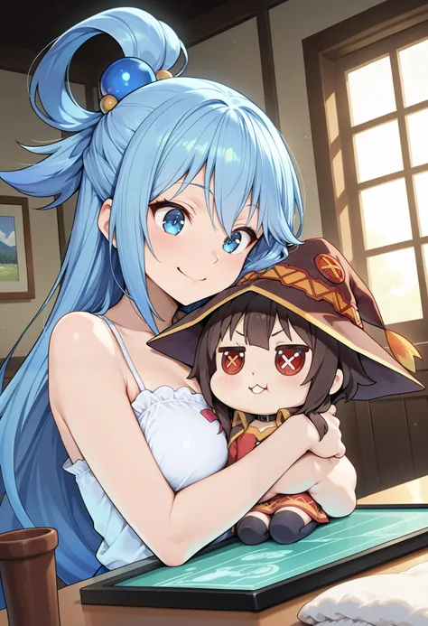 aqua \(KONOSUBA\), kono subarashii sekai ni shukufuku wo!, Plush Figure, chibi, Soft cloth texture:1.2, fluffy surface, felt-like material, cute and cuddly aesthetic feeling, Soft, Damn, Soft, sit, small button eyes, Tabletop Display, megumin \(KONOSUBA\)...
