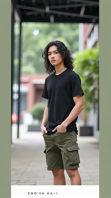 Photorealistic image of a handsome man,young Thai,25 years old ,bright and clean face without mustache , full body , with curly long hair, wearing a black sweatshirt and shorts. Lighting should be natural and the picture should have a high level of detail,...