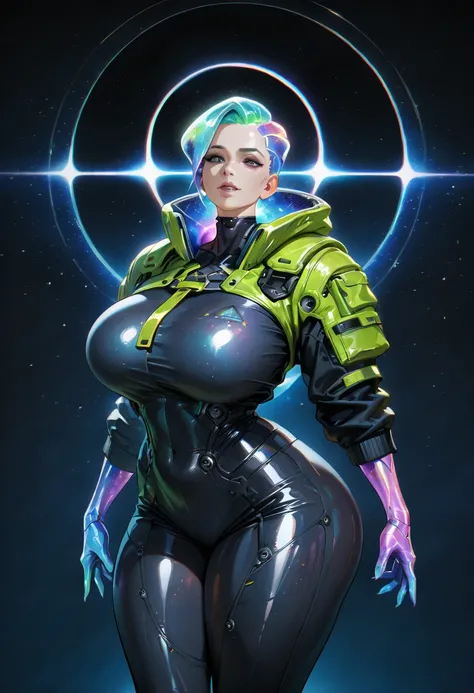 (big breasts, visible curves, pose ,Perfect face ), best quality, amazing quality, very aesthetic, cyberpunk, street style, techwear, stylized outfit, background, thick body, Milf, sagging breast, Cosmic, cosmic hair, cosmic skin, space, black hole, energy...