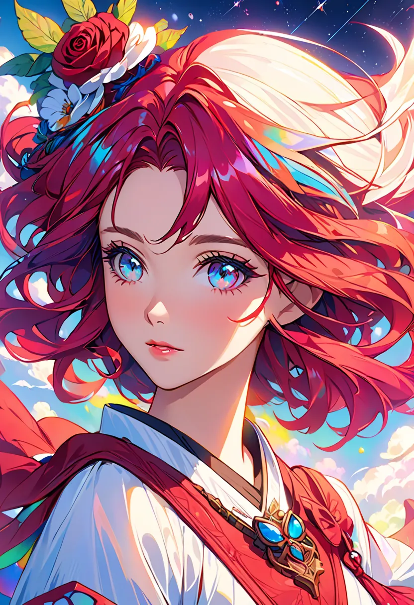 Close-up of a woman with colorful hair and necklace, The animated girl with space hair , The soft vitality of rose rose, Gubes-inspired artwork, fantasy art style, colorful],  Vivid Fantasy Style, Vibrant Rosedrows-style comics, cosmic and colorful, Gwaiz,...