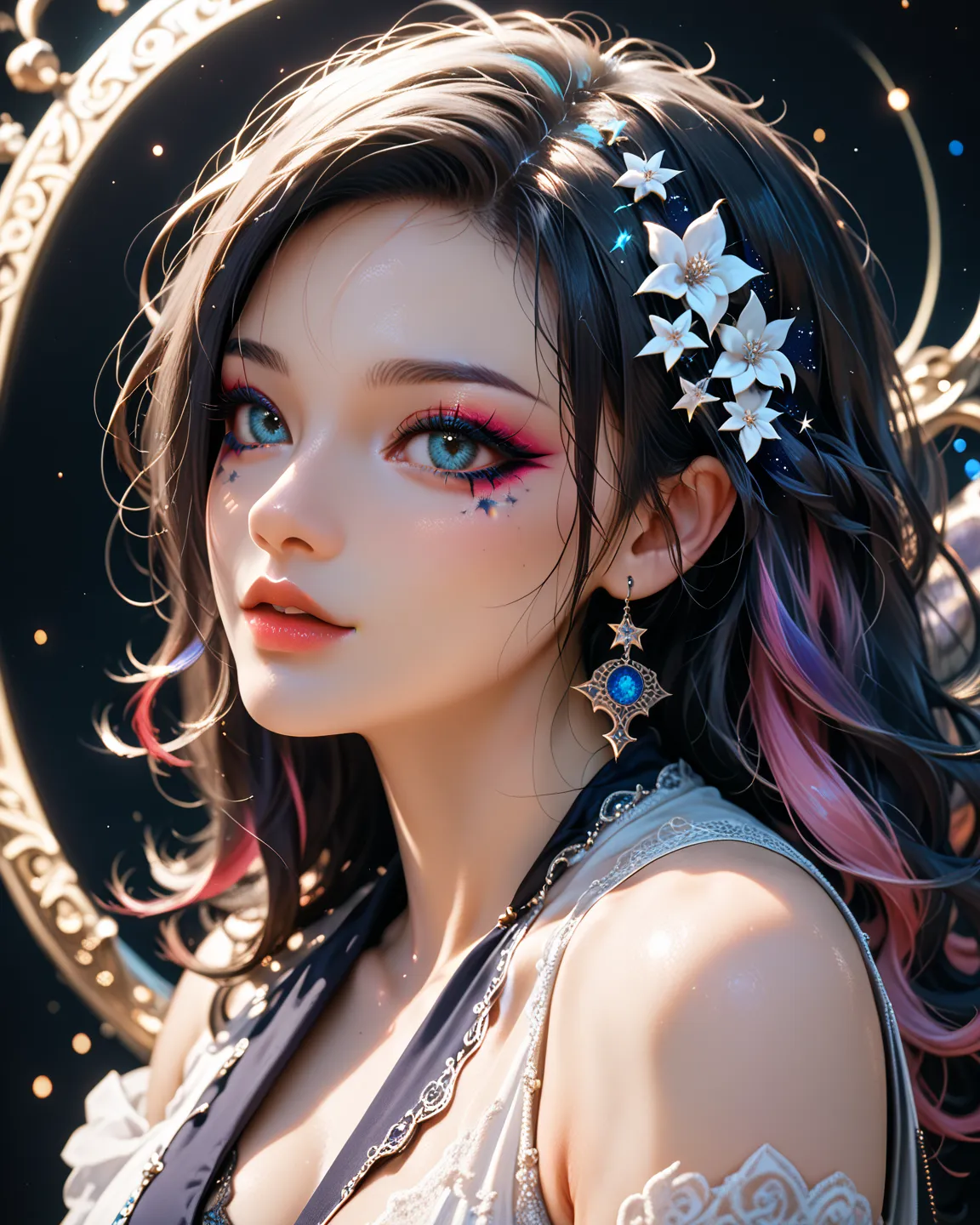 Bust-up shot of a woman, turning pose, an enigmatic, bewitching, and beautiful witch, galaxy-colored hair, long wavy hair, short straight-cut bangs, extensive glittery makeup around the eyes.