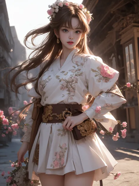 (  Premium ,  very detailed,  super resolution, 8k image),  WHITE TONE ,  good, brown curly hair ,miniskirt hanbok, ( Saggy :1.5),   beautiful thighs, Palace background with blooming flowers