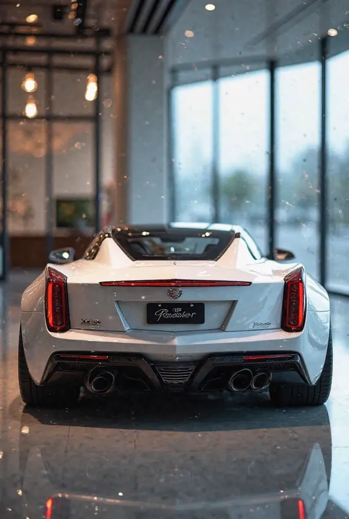 "A high-end, futuristic Cadillac XLR Roadster sports car, viewed from the rear in a luxurious showroom with large glass windows. The car has a sleek aerodynamic design, sharp angular taillights, a sculpted rear bumper with aggressive black diffusers, and d...