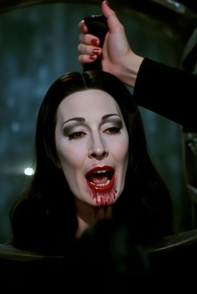 Morticia Addams mom milf     Neck-throat-blood   Photo of pretty 70 year old woman's disembodied head being held by her hair. Dark brown, medium lenth hair. Scared facial expression. Gorgeous face. Man's hand pulling her hair. She has an expressive frighte...