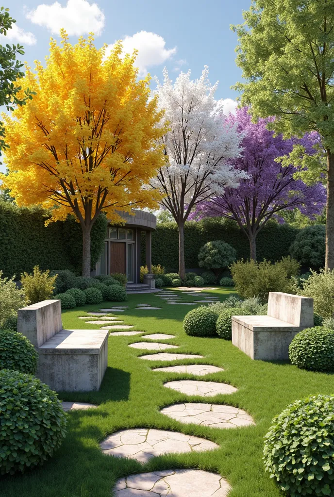 Landscaping in the back of a farm with yellow, white and purple ipes, And all of Gramado the rest with rock paths and concrete benches and boxwoods 