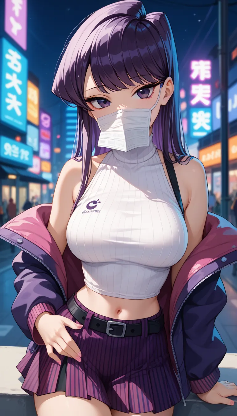 portraite, 1 girl, Komi Shouko, beautiful face, purple hair, asymmetrical hair, multicolored hair, purple eyes, waist belt, May, covered mouth, covered navel, detached sleeves, purple-eyed, hip ventilation, open jacket, purple skirt, cute, Look to viewer, ...