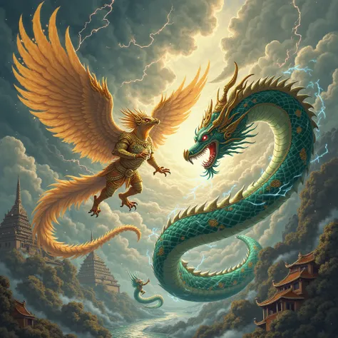 A breathtaking Thai traditional art-style illustration of Phaya Krut (Garuda) and Phaya Naga (Serpent King) locked in an intense battle. Phaya Krut, a majestic half-bird, half-human warrior with golden feathers and a fierce expression, soars through stormy...