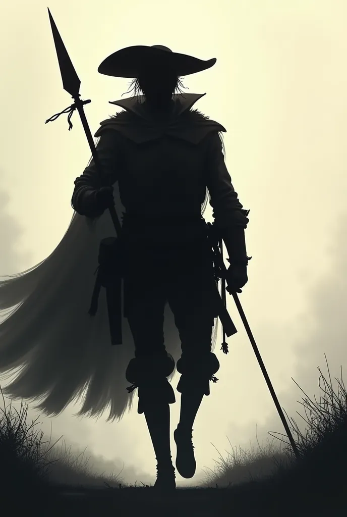 Silhouette of Don Quixote de la Mancha,  carrying a spear 